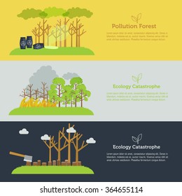 Nature issue deforestation, fire tree and pollution banner flat style design concept. Template for website and mobile appliance