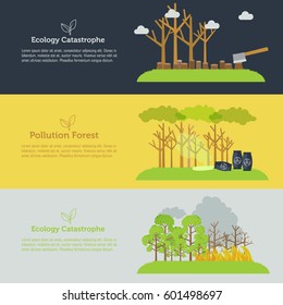 Nature issue deforestation, fire tree and pollution banner style design concept. Template for website