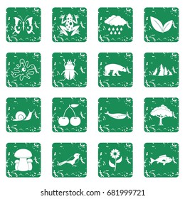 Nature items icons set in grunge style green isolated vector illustration