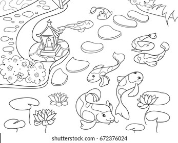 Nature of Japan coloring book for children cartoon. Japanese garden vector illustration. Zentangle style. Black and white