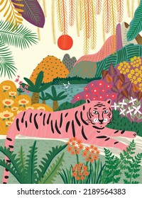 Nature jungle, animals and tropics. Vector illustrations of flamingo, tiger, flowers and textures. Drawings for poster, background and cover