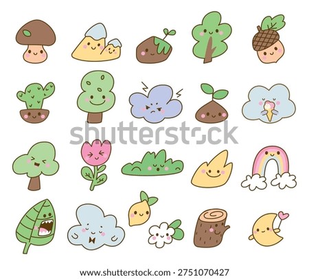 Nature kawaii elements. Funny natural characters, adorable eco stickers. Tree, flowers, rainbow, clouds, leaves, acorn and mountain, nowaday vector set