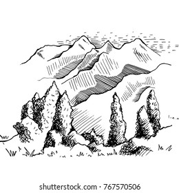 The nature of Kyrgyzstan. Mountains in the distance. Misty poplar in the foreground, beautiful nature. Hand drawing illustration black and white
