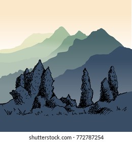 The nature of Kyrgyzstan. Mountains in the distance. Misty poplar in the foreground, beautiful nature. Hand drawing illustration