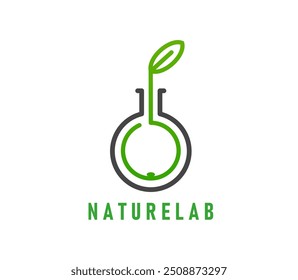 Naturlaborsymbol oder grünes Blatt in Laborflasche für biologische Produkte, Vektoremblem. Grünes Pflanzenblatt im Laborprüfrohr Symbol für Öko-Produktionsfirma, Gesundheitswesen oder Apotheke Abzeichen