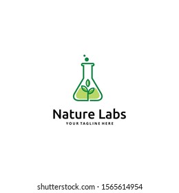 Nature lab logo design. Green leaves, tree in a shape of testing flask. Tests, cosmetics, chemists sign. Healthy life or products symbol. Pharmaceutical companies.