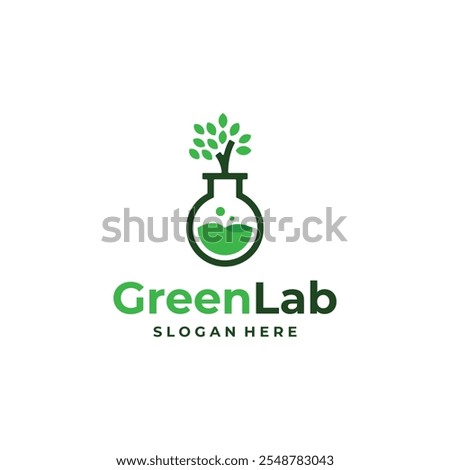 Nature lab logo design. Green leaves, tree with testing flask. Tests, symbol. Pharmaceutical