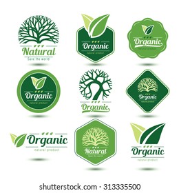 Nature labels and badges with green tree and leave, vector illustration