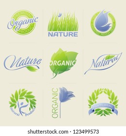 Nature labels, badges, symbols with leaves, flowers and butterflies. Vector design elements.