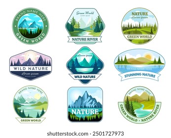 Nature labels. Horizontal landscape with mountain hills rivers and woods outdoor recent vector nature concept ads