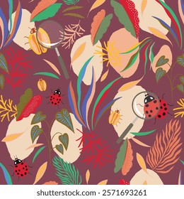 Nature, lady bugs, back to school, learning outdoor, explorers bugs, great outdoors, forest, floral repeat seamless pattern print graphic vector artwork