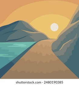 Nature Lake Mountain Dirt Path Sunset Landscape Painting Style Vector