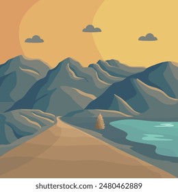 Nature Lake Mountain Dirt Path Sunset Landscape Painting Style Vector