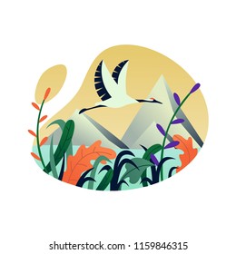 Nature, lake and shadoof in sky, vector flat illustration, shape icon, white background.