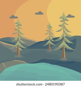 Nature Lake Sunset Landscape Painting Style Vector
