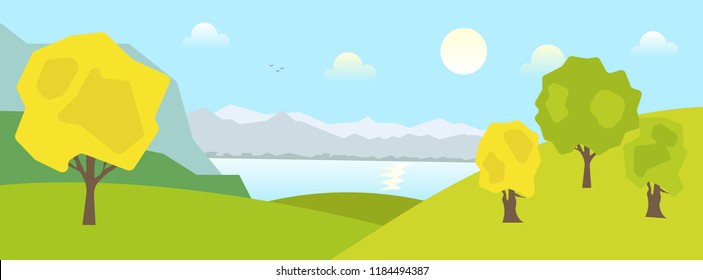 Nature. Lake trees and mountains and blue sky. Summer or spring, autumn concept. Eps 10 Vector illustration, flat style modern design. Green, blue sky and yellow colors.