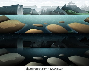 Nature Lake vector.  Summer mountain landscape with forest 