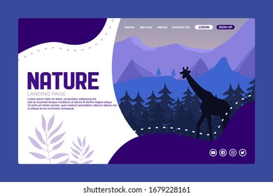 Nature landing page in afternoon with giraffe and forest background, mountaint, tree, jungle