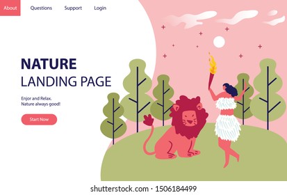 Nature landing page concept with women in the hill and forest. Landing modern page template vector illustration - Vector