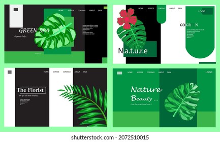 Nature landing page set with leaf and palm. Web design, page, interface. Tropical web page, go green page, nature and beauty. Flower and tropical illustration. 