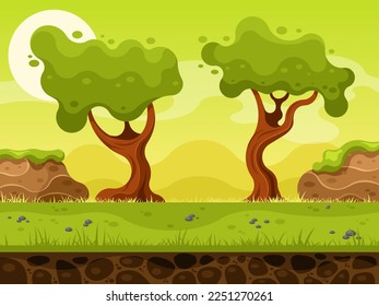 Nature landscape for 2d game. Cartoon background with trees and stones. Vector illustration