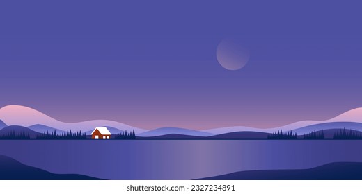 El paisaje natural. Resumen del lago de montaña diminuta luna de la casa, pintoresco panorama nórdico, fondo escandinavo moderno. Ilustración del vector