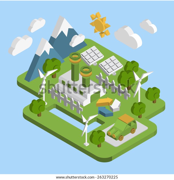 Nature landscape . Apartment\
3d isometric ecology green energy consumption of renewable energy\
sustainable development web processing infographic vector concept\
.