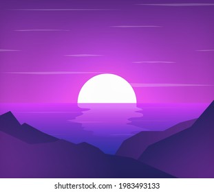 Nature landscape. Art landscape banner design. Summer, sunlight, nature, sky. Colorful scenery. Vector illustration. Sunset light. Flat style. Violet backdrop.