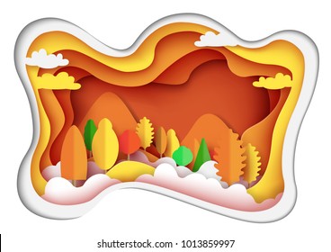 Nature landscape of autumn forest abstract background.Paper art of ecology and environment conservation creative idea concept design.Vector illustration.