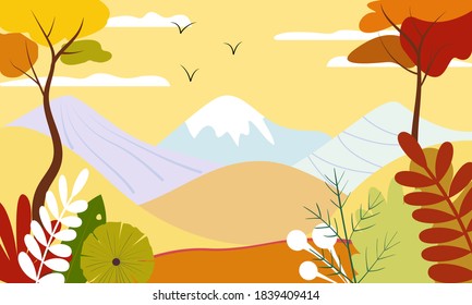 Nature landscape. Autumn mountain landscape, trees, forest, panoramic natural landscape in flat minimalism style, natural background concept