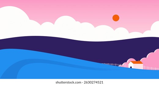 Fondo de paisaje de Naturaleza. Abstractas vista al lago, naturaleza plana colección panorámica Horizontal con montañas, cielo y horizonte. Ilustración vectorial moderna.