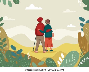 Nature Landscape Background with Back View of Elderly Couple Standing and Hugging Each Other. Happy Valentine's Day Greeting Card or Poster Design.