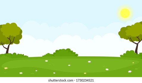 Nature landscape background. Beautiful summer panorama with green hills and tree. Vector illustration.