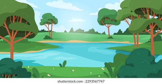 Nature landscape background. Beautiful summer landscape with trees and river. Vector illustration