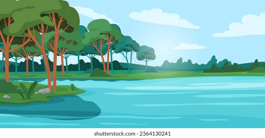 Fondo natural. Hermoso paisaje veraniego con árboles y ríos. Ilustración del vector