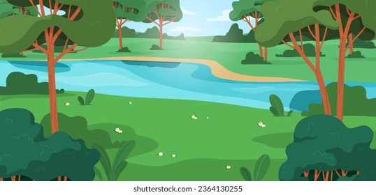 Fondo natural. Hermoso paisaje veraniego con árboles y ríos. Ilustración del vector