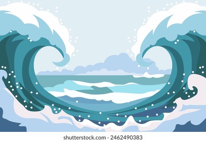 Nature Landscape Background with Big Sea Ocean Water Waves in Summer