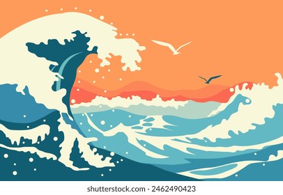 Nature Landscape Background with Big Sea Ocean Water Waves in Summer