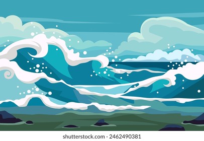 Nature Landscape Background with Blue Sea Ocean Water Waves in Summer