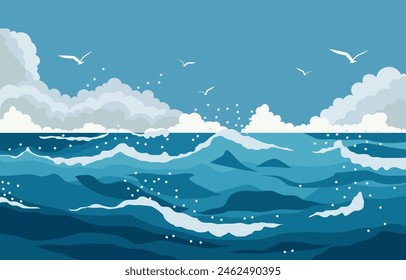 Nature Landscape Background with Blue Sea Ocean Water Waves in Summer