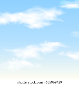 Nature Landscape Background with Blue sky and Fluffy white Realistic clouds. Vector illustration.

