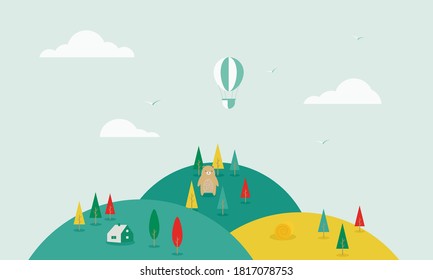 Fondo natural. Paisaje de caricaturas con árboles, colinas y campos. Diseño plano y cuidado.