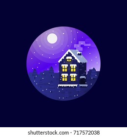 Nature landscape background with christmas winter house. Vector illustration.