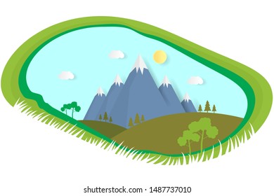  Nature landscape background with clouds,forest and mountains paper art style.Vector illustration.Eps10