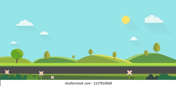 Nature landscape background. cute flat design.Green Hills with blue sky.Public park with nature and street.Vector illustration