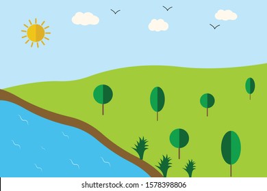 
Nature landscape background. cute flat design.Green Hills with blue sky.Public park with nature and street.Vector illustration