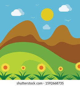 Nature landscape background. cute flat design.Green Hills with blue sky