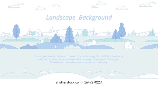 Naturlandschaft, Hintergrund. Geräumiges flaches Design. Hügel mit Himmel. Öffentlicher Park mit Natur. Vektorillustration im flachen Cartoon-Stil.