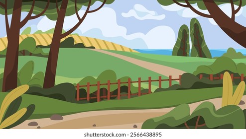 Nature landscape background with field and meadow. Vector scenic landscape with green grass, sky, and countryside view. Outdoor spring or summer environment. Natural farm and flora. Ecology backdrop.