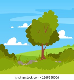 Nature landscape background fields  with a green hills cute simple colorfull style. Vector illustration.